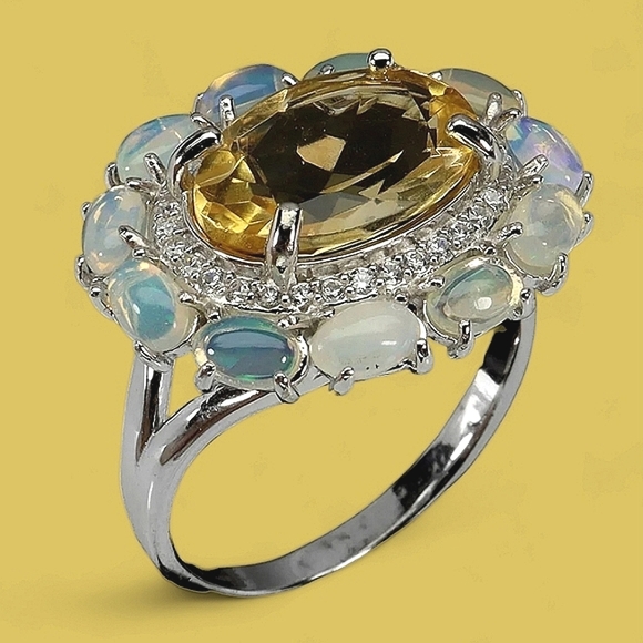 Natural Citrine 14x10mm, Fire Opal & Cz 925 Sterling Silver Ring 8.75 - Picture 5 of 8